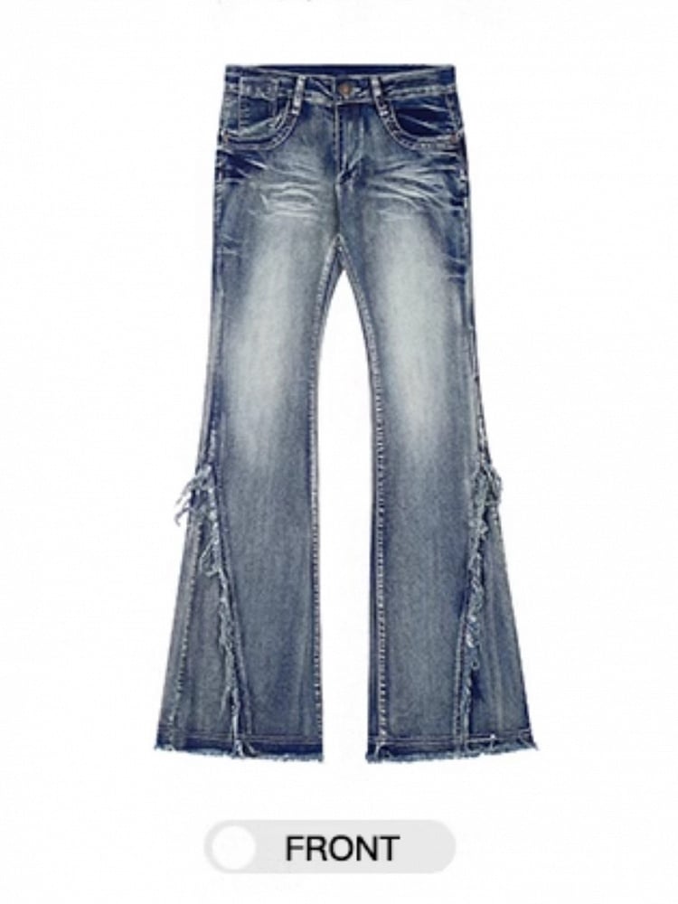 with Raw Slimming Seams Blue Side Jeans Hem Flare Fit Floor-Length