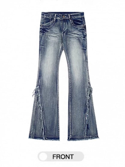 with Raw Slimming Seams Blue Side Jeans Hem Flare Fit Floor-Length