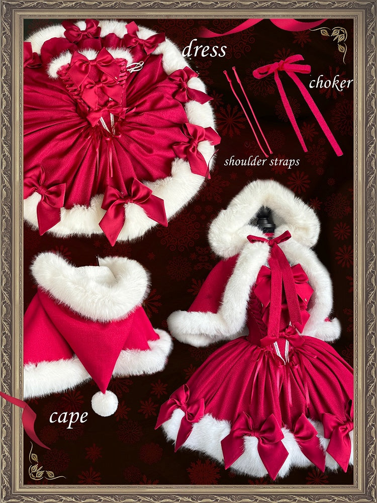 Red Christmas Bows Decorated Plush Neckline and Hemline Boning Dress + Cape Full Set