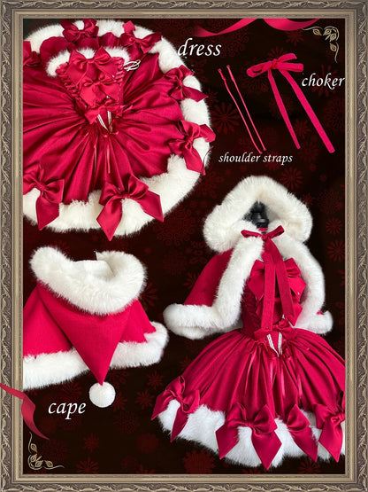 Red Christmas Bows Decorated Plush Neckline and Hemline Boning Dress + Cape Full Set