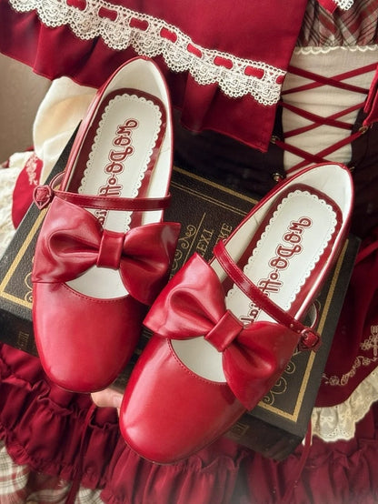 Heel Bow PU Heart Red Lolita Mid with Elegant - Buckle Mary Accents Janes