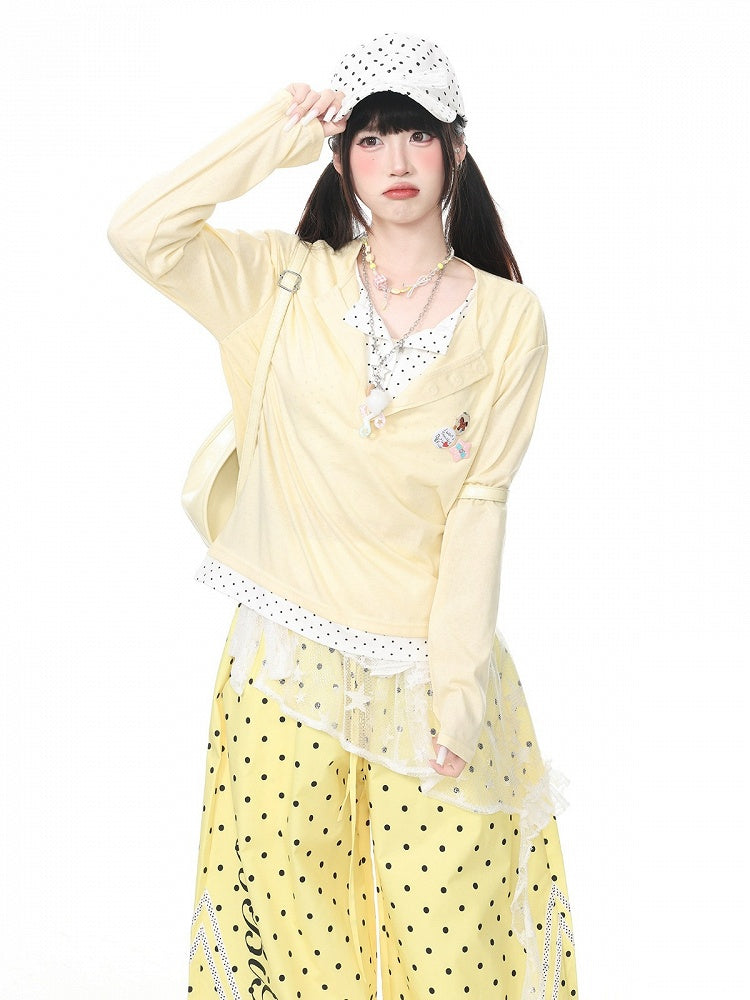 Yellow Polka Dot Fake Two-Piece Long Sleeve Top with Badge Accents - Languid Park