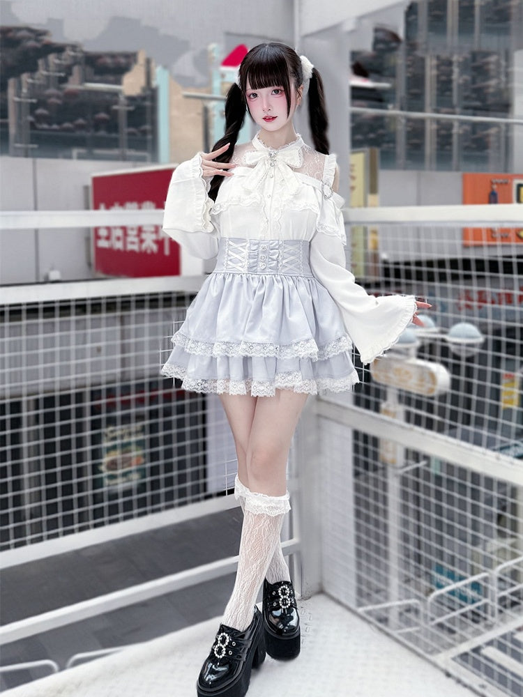 Bell Sleeves Open Shoulder with Blouse White Jirai Kei Three-Piece Set: