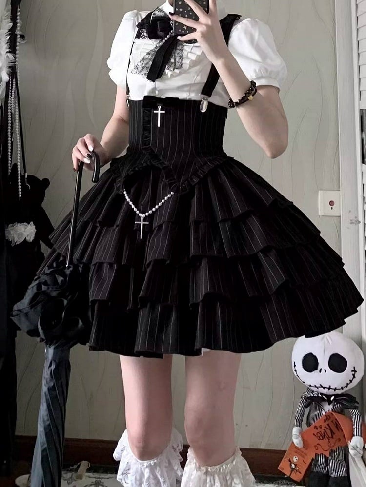 Cross Short White + Sleeves Striped Gothic-Style with Blouse High Skirt Lolita Waist Accents Black