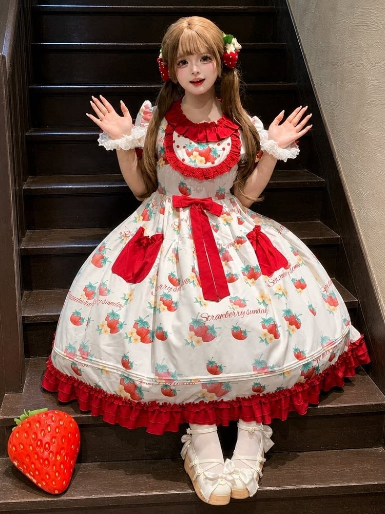 Curvy Strawberry Print Bow-Adorned Floral Skirt Dress - Versatile girl