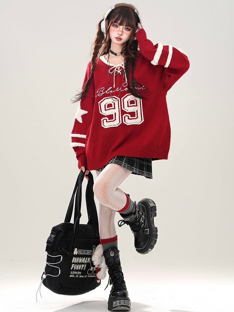 Rot/grauer Pullover mit V-Ausschnitt und Schnürdetail