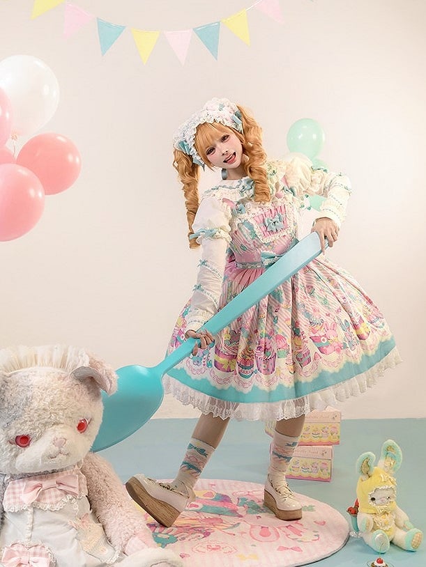 Blue Prints with and Sleeves JSK Trim Dress Flutter Pink Lolita Lace Sweet Cupcake
