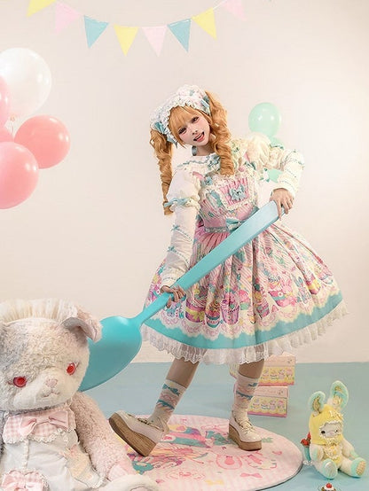 Blue Prints with and Sleeves JSK Trim Dress Flutter Pink Lolita Lace Sweet Cupcake