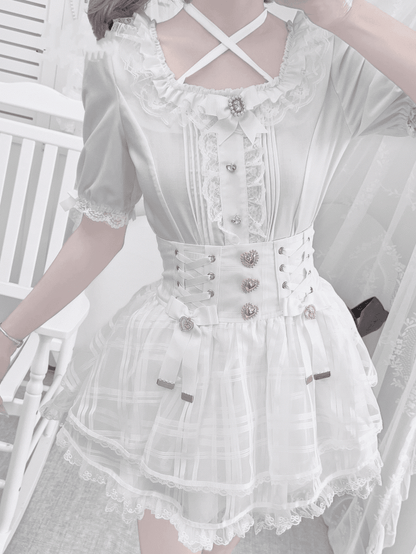 Blouse Halter White Jirai Rhinestones Details Heart-Shaped and Pleating Kei with Criss-cross