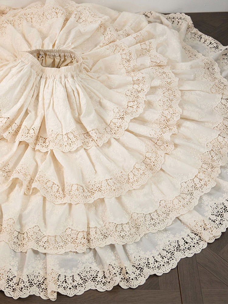 Beige Multi-layer Ruffles Elegant Lolita Skirt Floral Embroidery Details - Miss Point