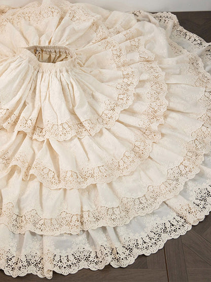 Beige Multi-layer Ruffles Elegant Lolita Skirt Floral Embroidery Details - Miss Point