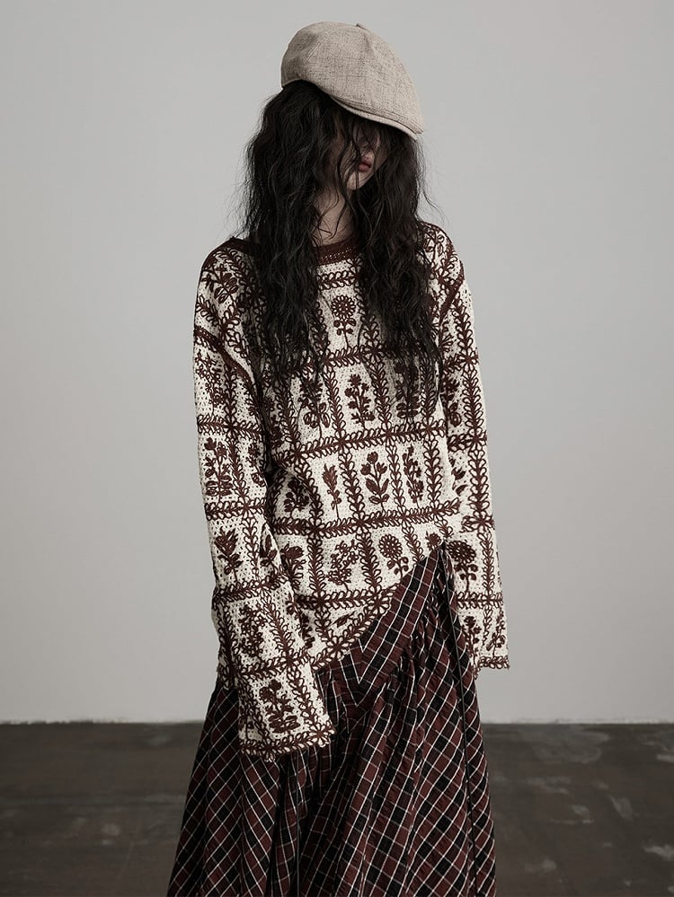 Sweater Knit Floral Pattern Coffee