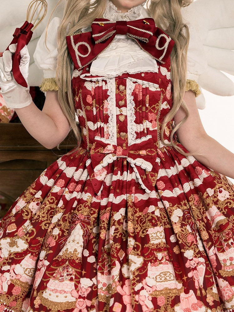 JSK Details Lolita Sweet Bow Trim with and Lace Bear Print Red Cake Dress