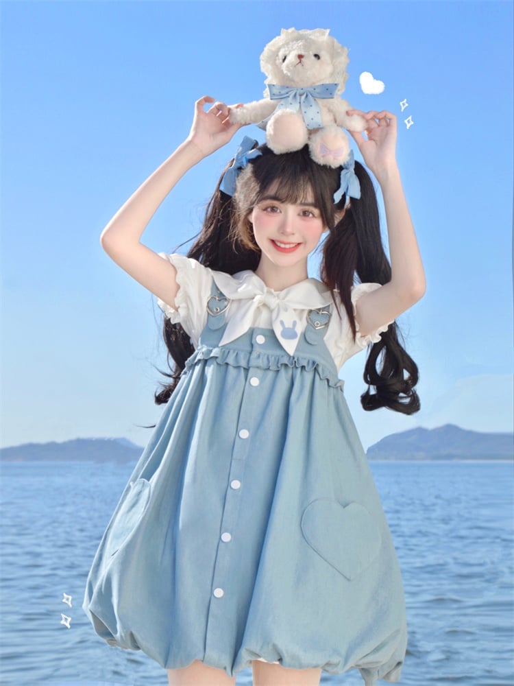 Blue Heart Buckle and Pocket Bunny Tail Detail  Bubble Skirt Overalls