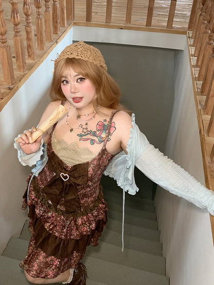 Top / Plus Size Braunes Slip-Kleid mit Blumendruck Mintgrün