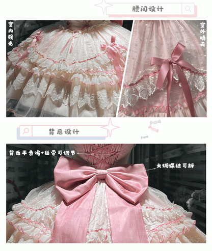 Süßes Lolita-Kleid mit Schleife, flatterndes rosa Mieder mit Schnürung, hoch taillierte Ärmel mit großem, abnehmbarem Pulloverrock
