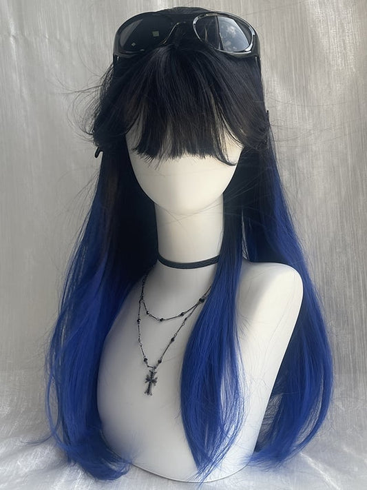 Schwarz-blaue Ombre-lange, glatte Kunsthaarperücke mit Pony