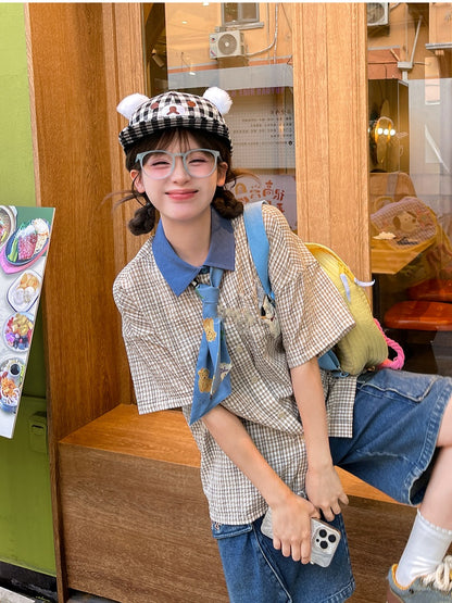 Adorable Puppy Embroidery Plaid Shirt with Tie Light Brown