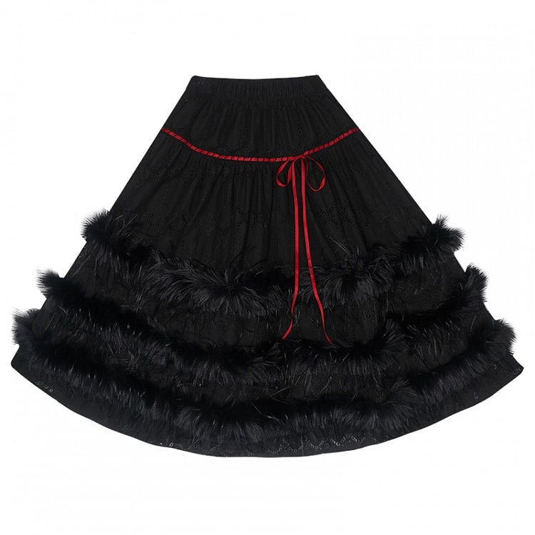 Tea Length Tiered Skirt with Plush Accents and Lace Trim Black/White
