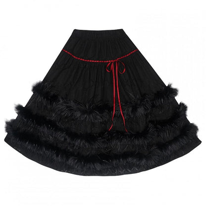 Tea Length Tiered Skirt with Plush Accents and Lace Trim Black/White