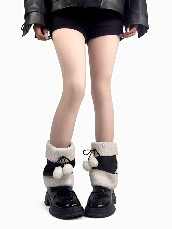 Schwarze Y2K Bowknot Plüsch-Manschetten-Beinwärmer mit Pompons