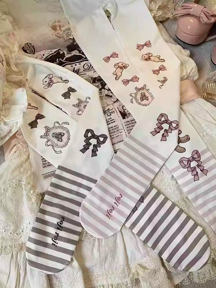 Süße Lolita-Strumpfhose mit Hasen- und Bären-Print