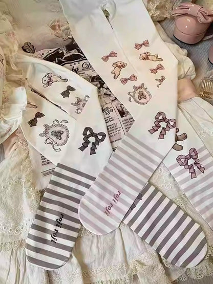 Süße Lolita-Strumpfhose mit Hasen- und Bären-Print