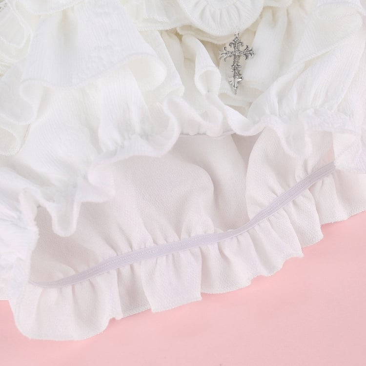 Layered White Ruffle Mini Skirt with Cross Accent & Lining - serendipity