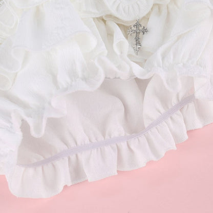 Layered White Ruffle Mini Skirt with Cross Accent & Lining - serendipity