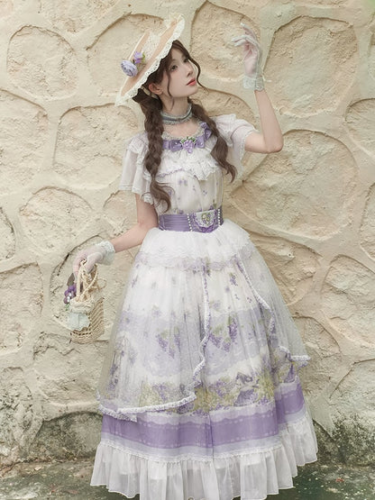 Set Elegant Top Classic Full Purple - Grape-Print Necklace Skirt + Lolita