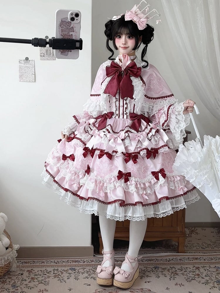 Strawberry OP Dress and Pink Embroidery Teddy Bows Lolita Set Sweet Full