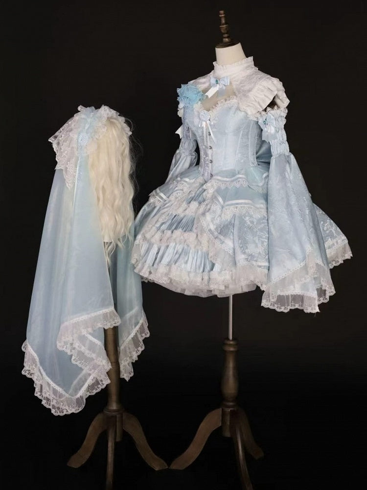 Blue and White Lolita Boned Corset Top Full Set with Skirt, Collar, Bell Sleeves & Accessories - Somnium Isle