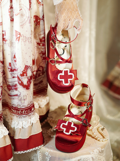 Heel 6cm Red Shoes Straps Gothic Balletcore Criss-cross Buckle Chunky Platform Satin