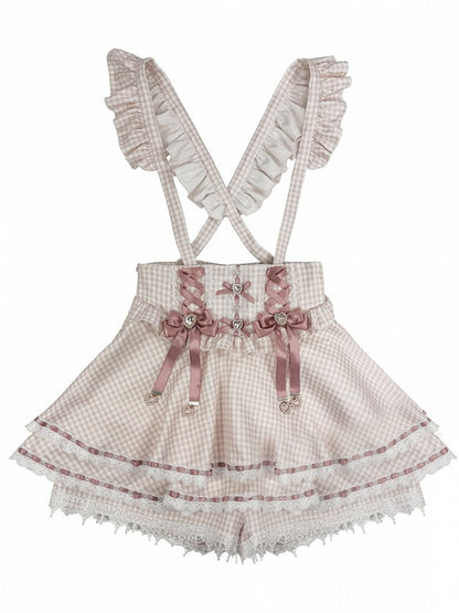 Pink Gingham Ryousangata Overall Skort with Bow Lace Details - Broken Bear