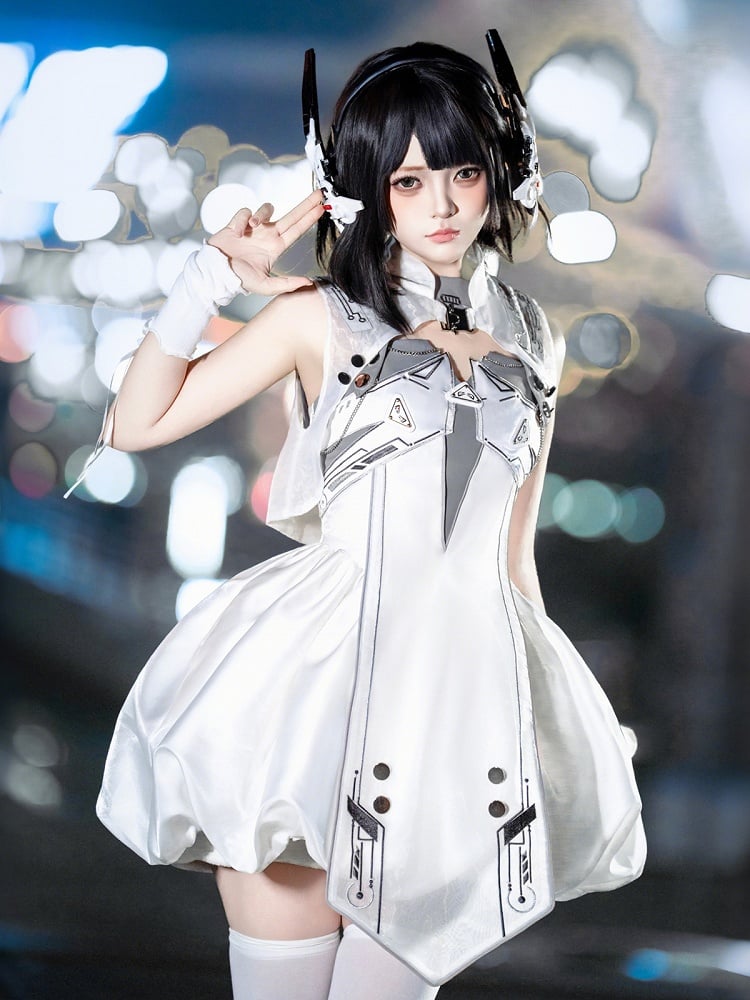 Cyberpunk White Bubble Dress and Cropped Vest Set - Xiong Dou Jiang