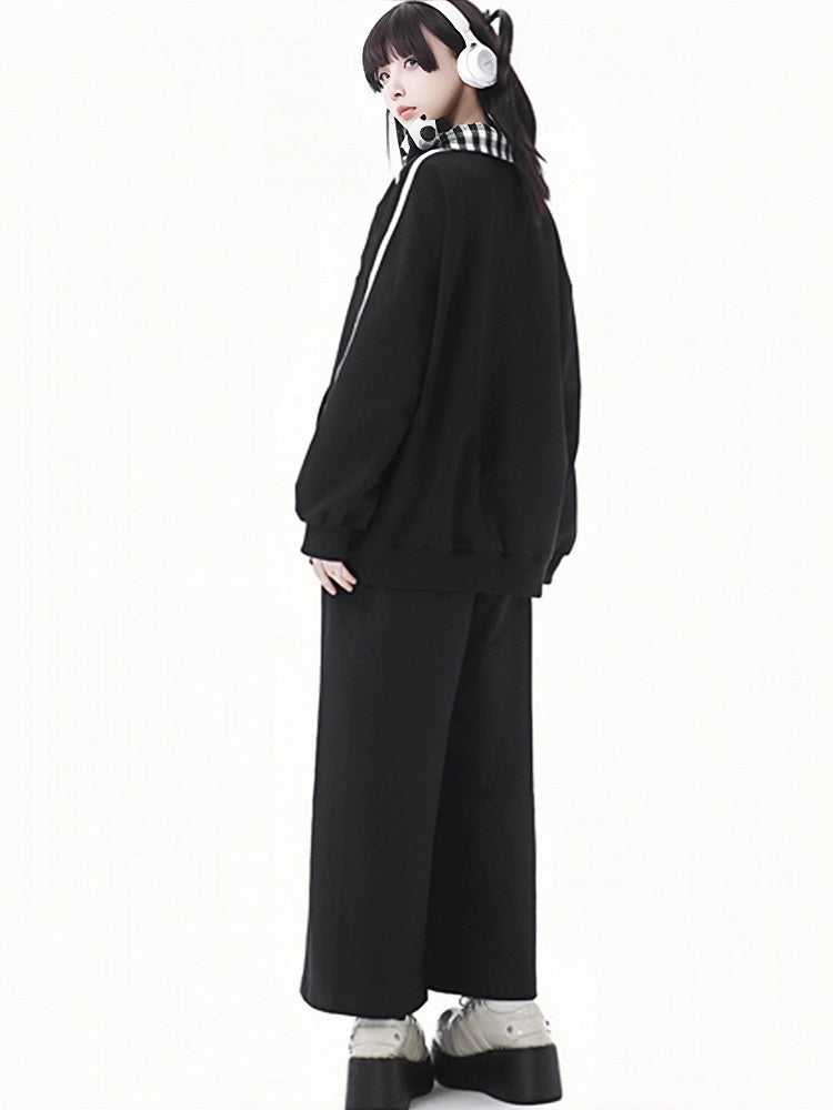 Black Elastic Waist Wide-leg Cut Pants