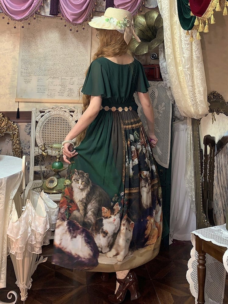 Dark Green Cat Oil Painting Print Butterfly Sleeves Elegant Lolita Maxi Dress with Cowl Neckline
