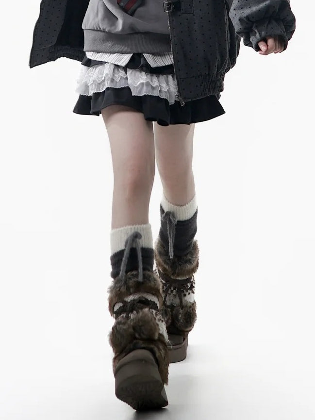 White Skirt Trim Lace Kawaii Elastic Black with Tiered Waistband