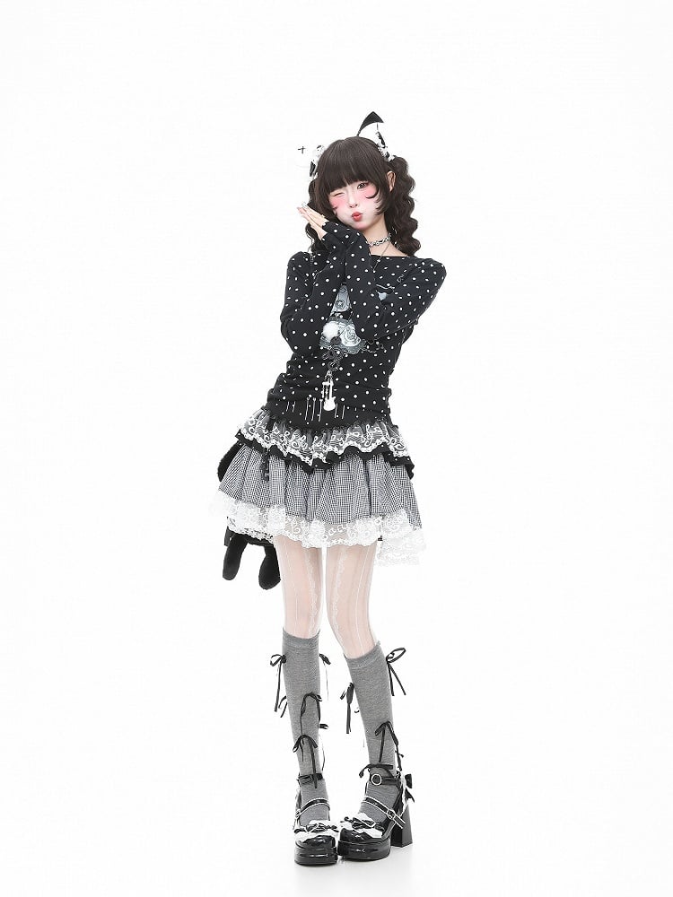 Cartoon Print Dot T-Shirt Black Y2K Polka Sleeve Long And