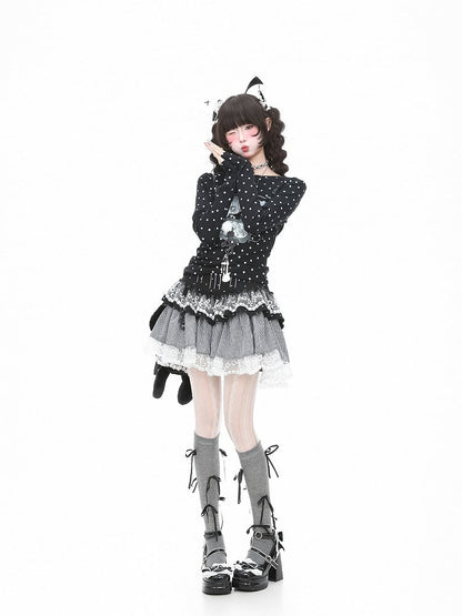 Cartoon Print Dot T-Shirt Black Y2K Polka Sleeve Long And