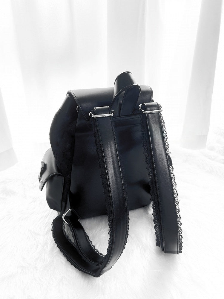 Jirai Kei Backpack with Heart Pendant, Lace Flap, Studs & Bowknot - Miao Lei Dian Bo