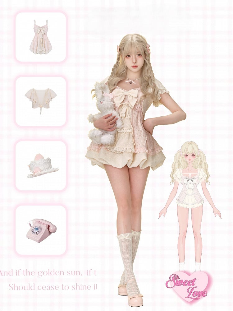 Print Dress and Bow Pink Apricot Bubble with Big Floral