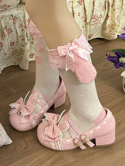 Mary in Lolita Bow Ruffle Sweet PU Janes Pink Rabbit-themed Mid-heel Trim with