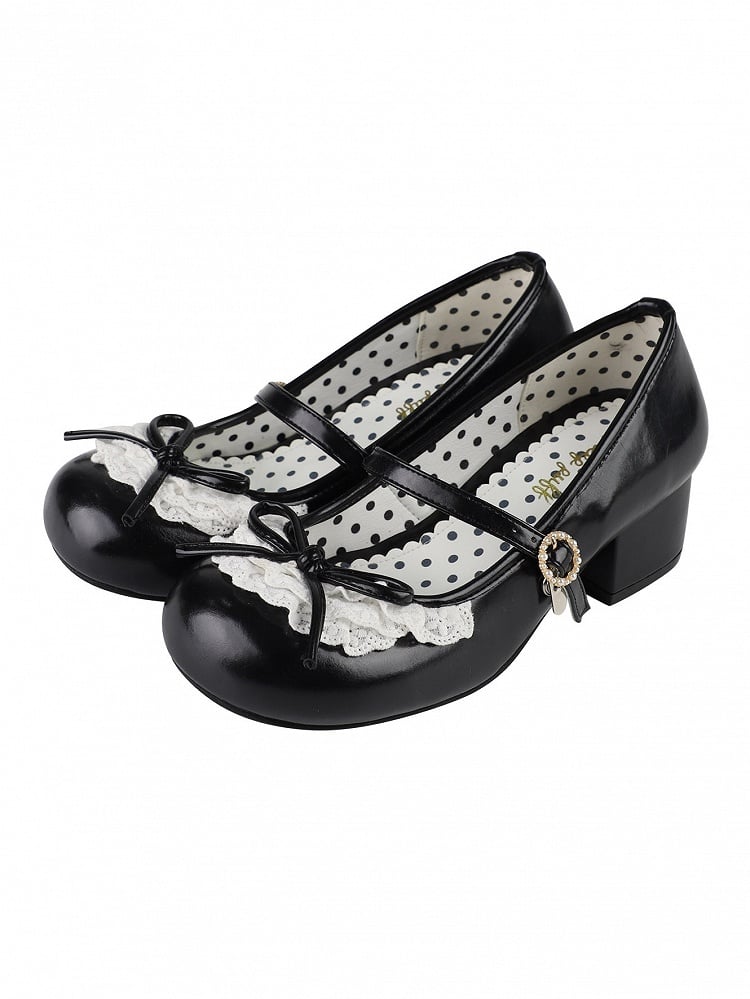 2.2CM/4.3CM Bow Janes Toe Mary Trim Knotted Round Lace Heels Black Accent
