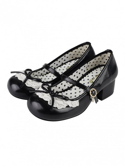 2,2 CM/4,3 CM Schleife Janes Toe Mary Trim Geknotete runde Spitzenabsätze Schwarzer Akzent
