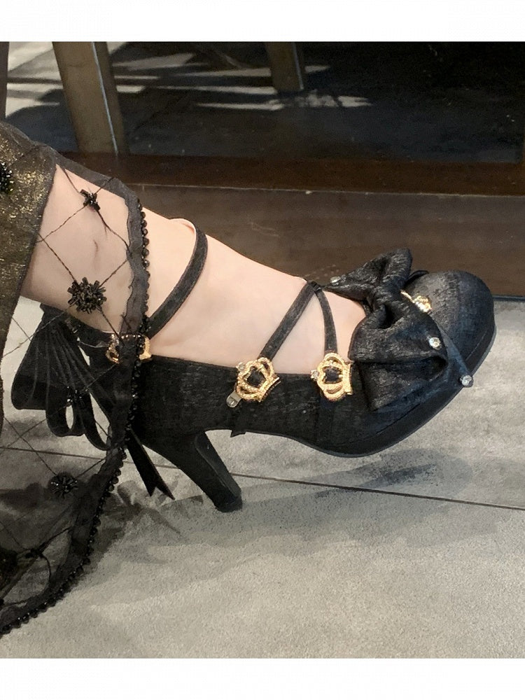 Spakling Black Bowknot Round Toe Lolita Shoes with Crown Buckle and Pendant Details - 8.5cm High Heel - Aimee