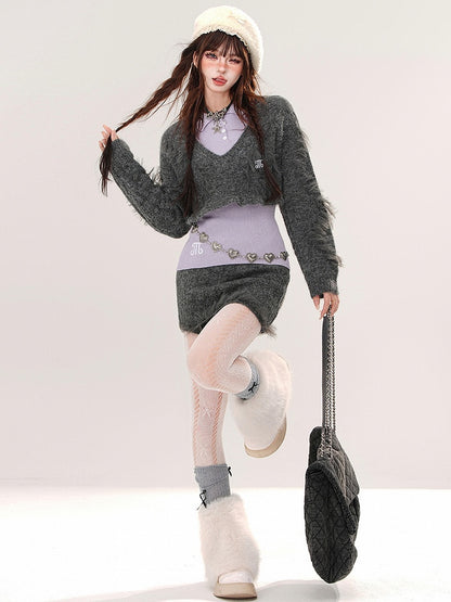Grey V-neck Cropped Sweater + Purple Knit Top + Grey Mini Skirt Set