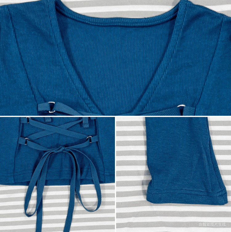 Front with Alternative Fashion Lace-up Klein Blue Cross Long Sleeve Top Details