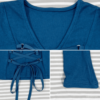 Front with Alternative Fashion Lace-up Klein Blue Cross Long Sleeve Top Details