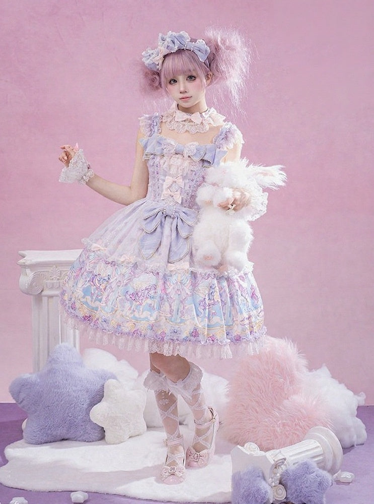 Carousel Print Tulle-Overlaid JSK Dress with Bow and Lace Trim in Soft Lilac - Doki Cherry
